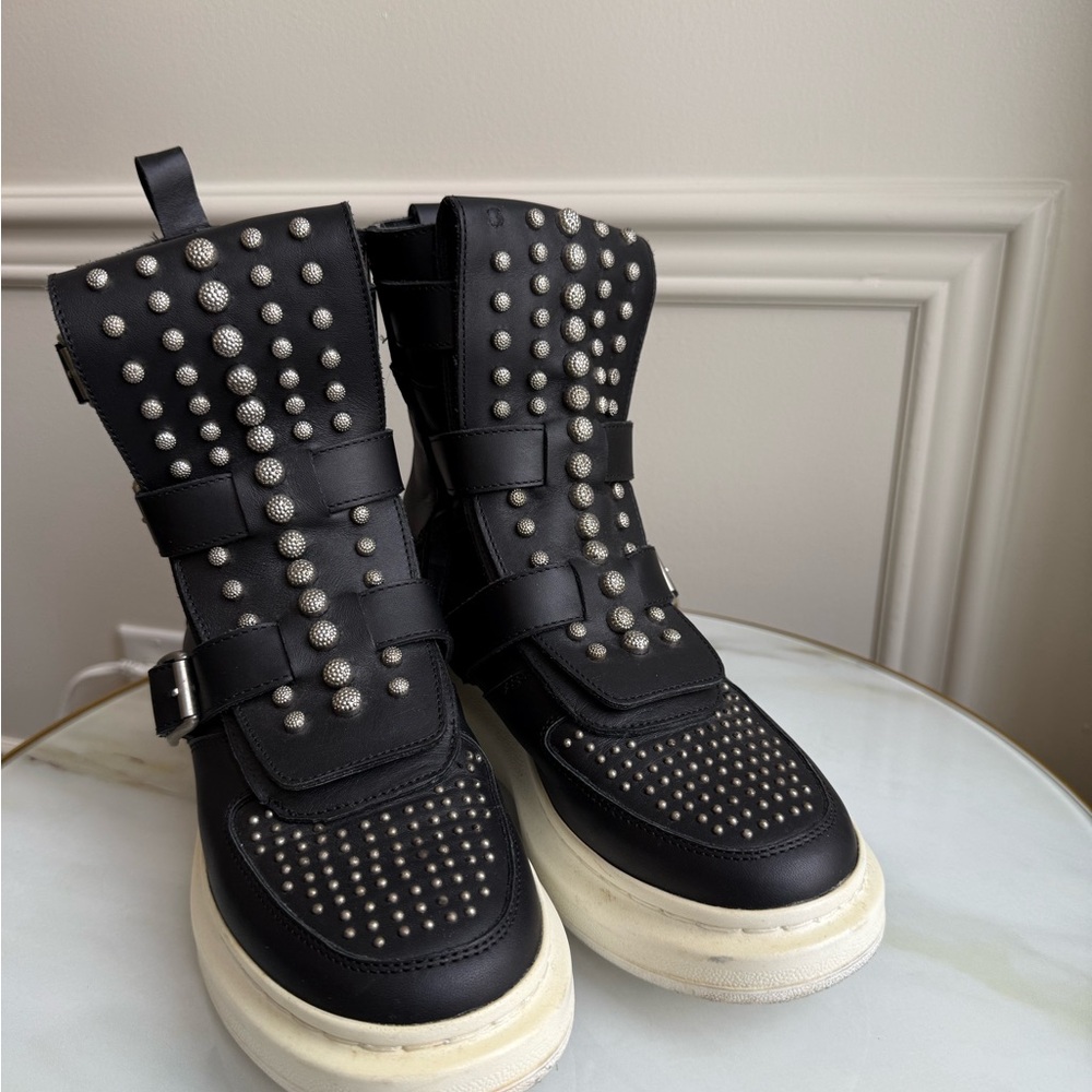 Alexander McQueen Black and Silver Combat Boots with Studs